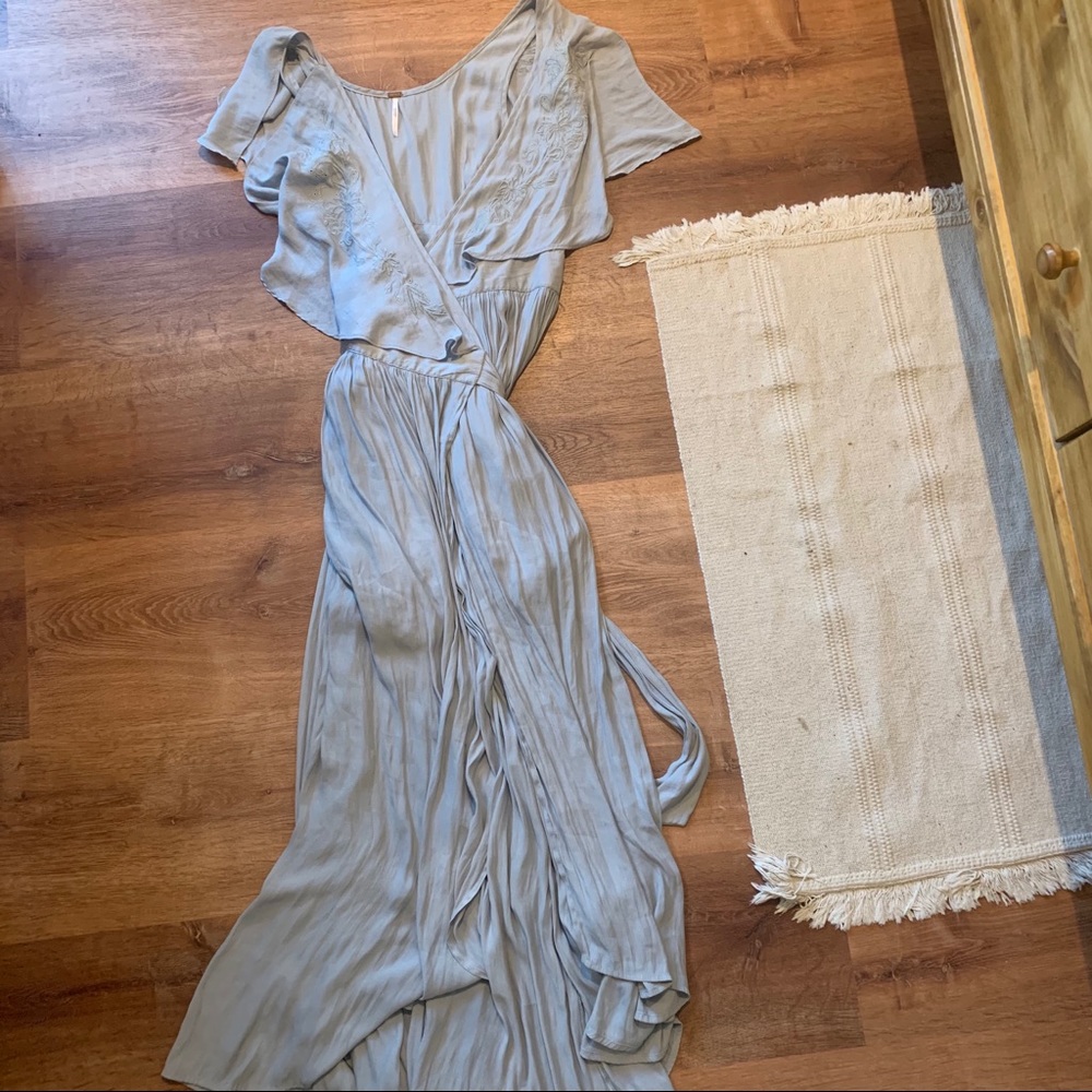 Free People Gray Ruched Maxi Dress Sweetheart Neckline